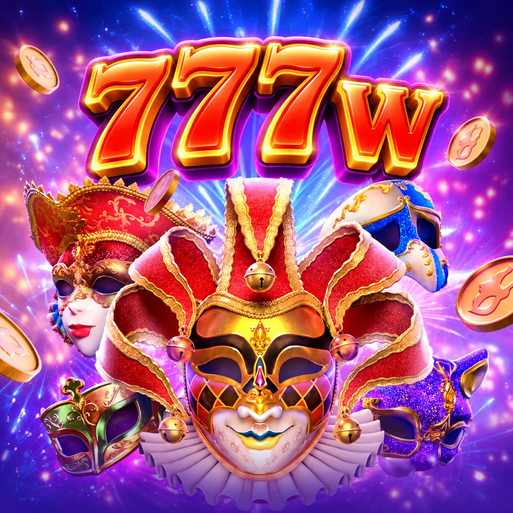 Logo 777w dengan topeng karnaval Venesia penuh warna dan koin emas dari game Mask Carnival