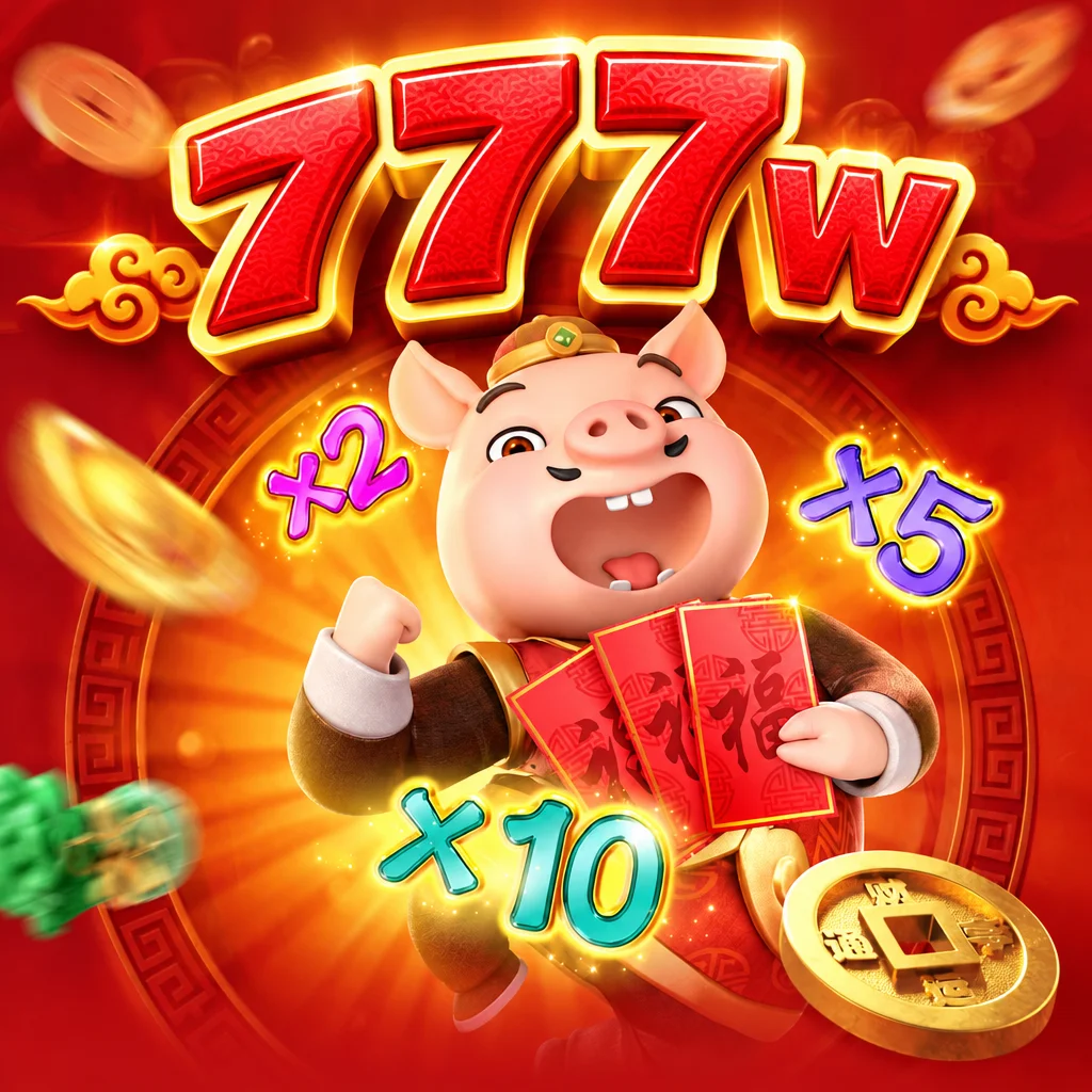 Logo 777w dengan karakter babi emas bertema tahun baru tradisional dari game Piggy Gold