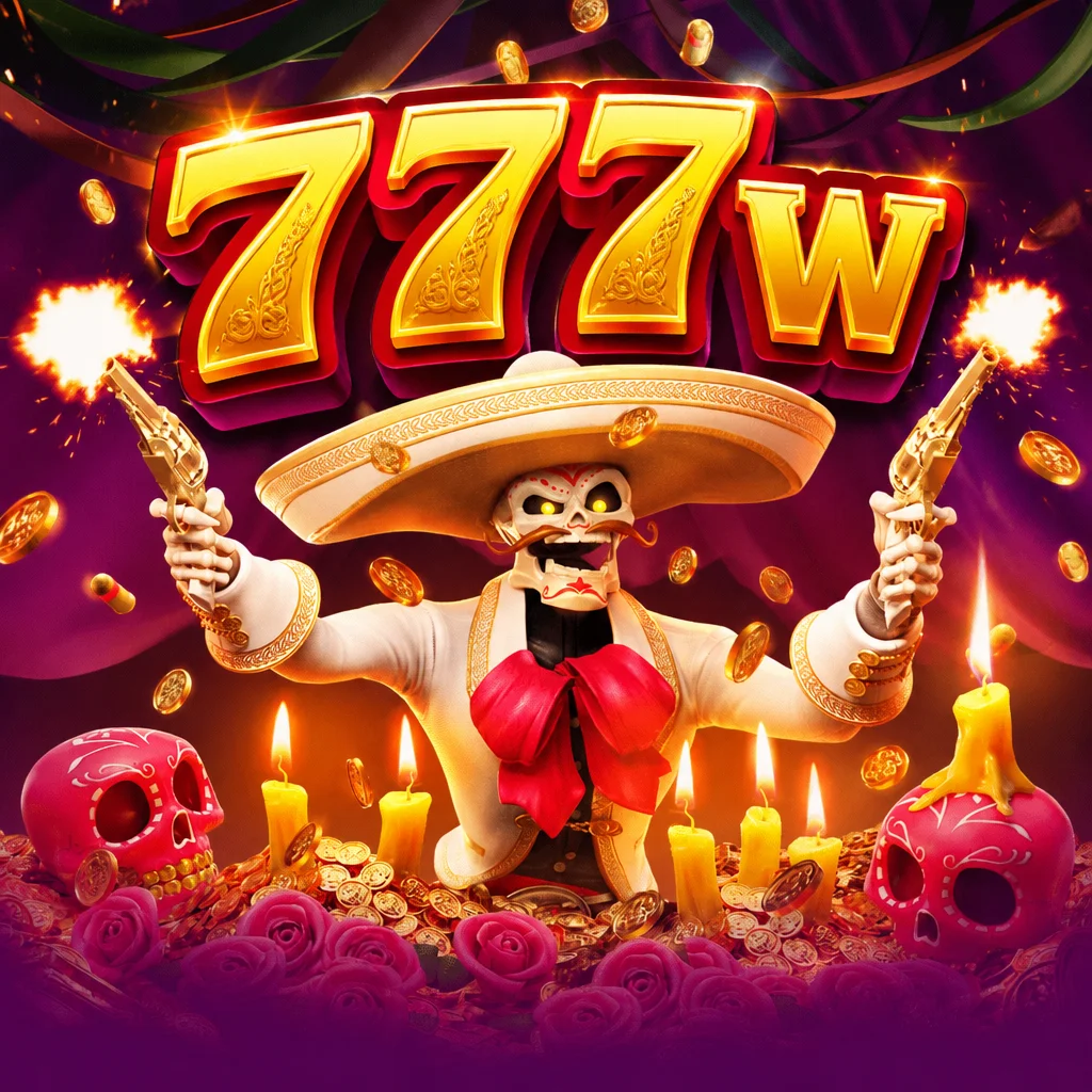 Logo 777w menampilkan karakter tengkorak mariachi berpenembak ganda dari game Wild Bandito